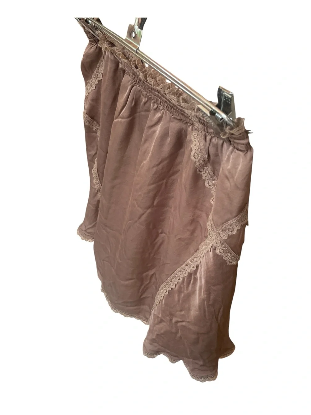 Anthropologie Mauve Brown Silky Lace Trim Mini Skirt Elastic Waist Lined XS